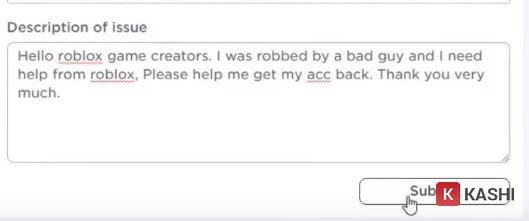 Nhấn Submit để gửi yêu cầu hỗ trợ Roblox