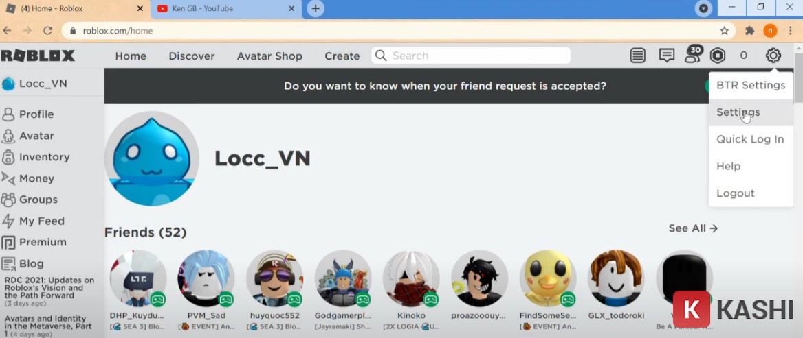 Truy cập vào phần cài đặt của Roblox