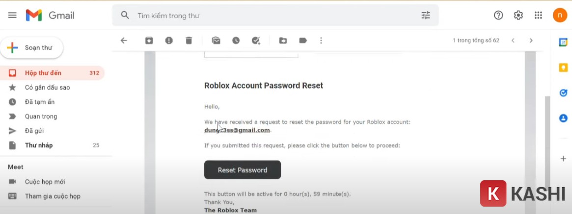 Nhấn Reset Password trong email khôi phục tài khoản Roblox