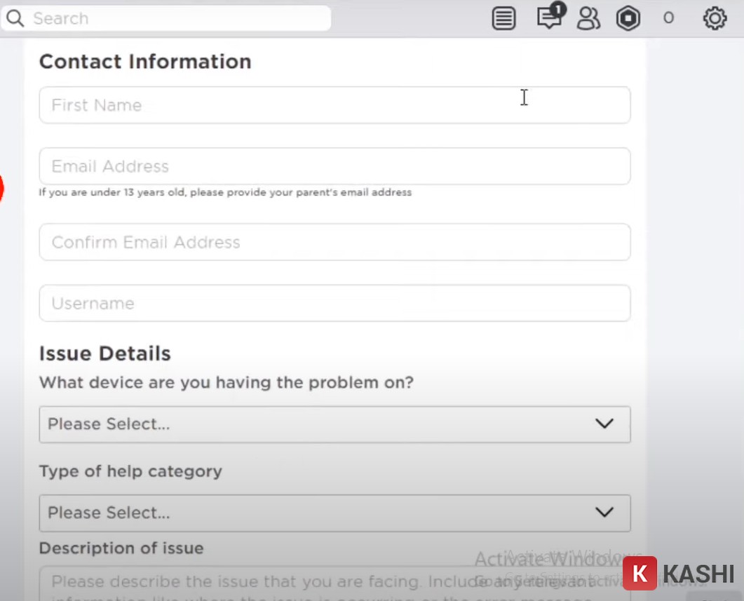 Điền thông tin vào biểu mẫu hỗ trợ Roblox
