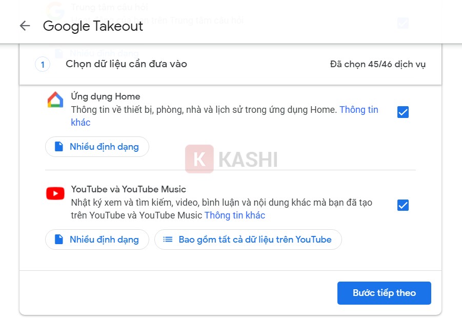 Bước tiếp theo trong Google Takeout