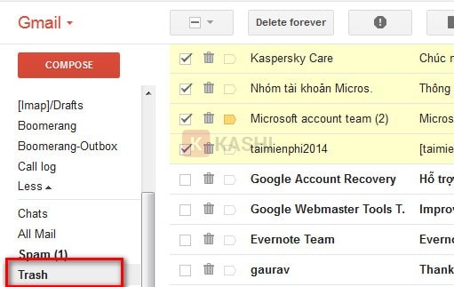 Khôi phục email từ thùng rác