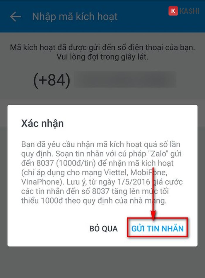 Nhắn tin lấy mã kích hoạt