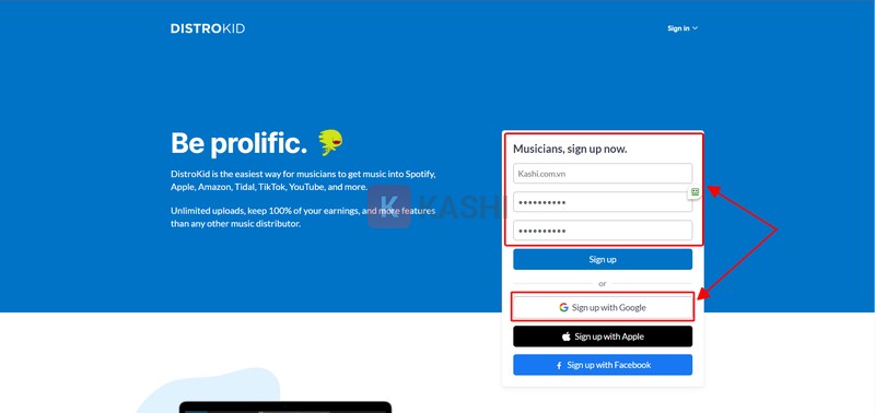 Đăng ký DistroKid bằng Gmail hoặc Facebook