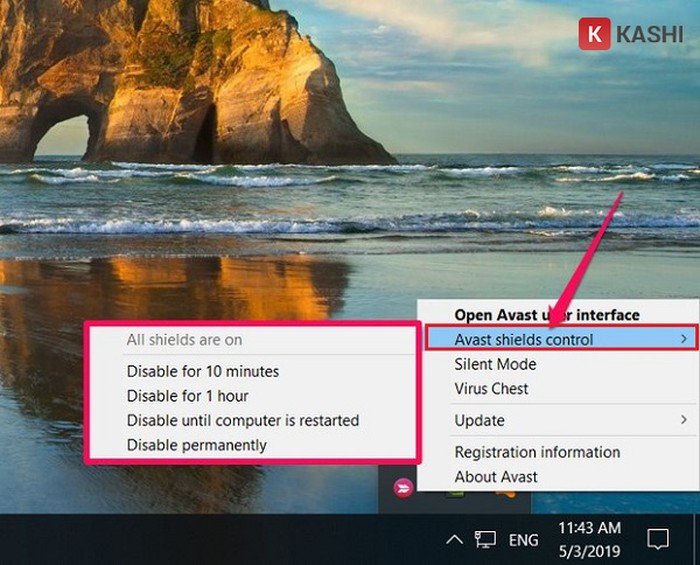 Tắt Avast tạm thời