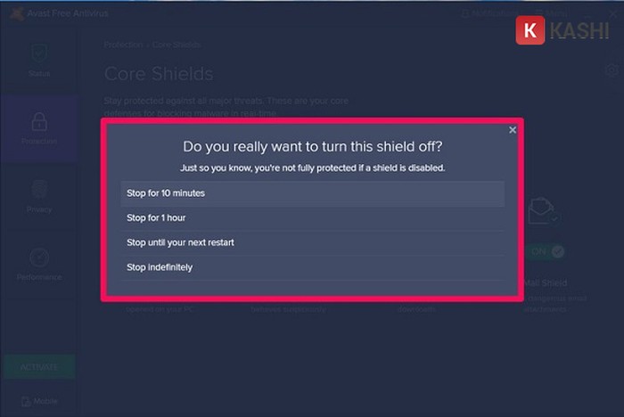 Lựa chọn thời gian muốn vô hiệu hóa lá chắn cụ thể