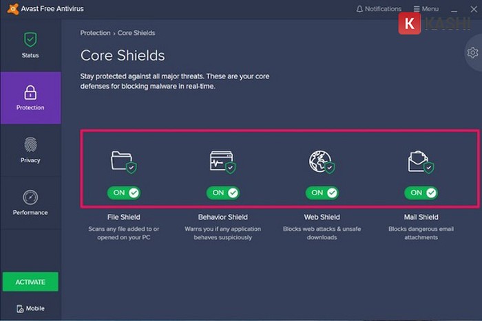 Giao diện Core Shields trong phần cài đặt Protection của Avast