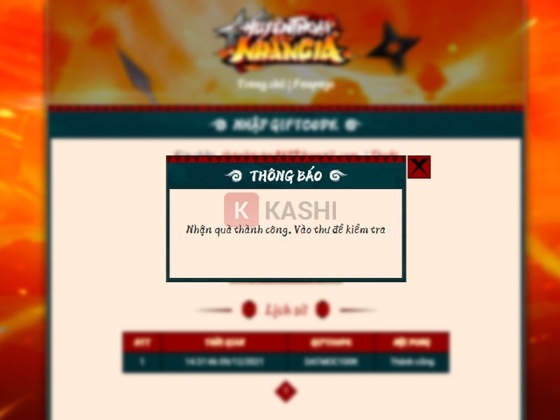 Thông báo nhập code thành công