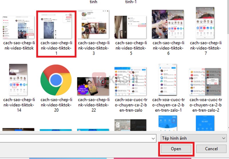 Chọn hình ảnh từ máy tính và nhấn Open