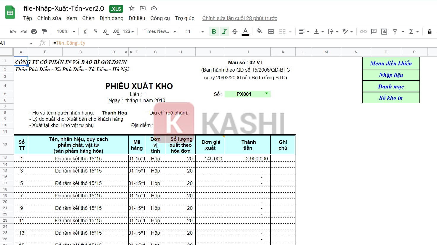 Giao diện file Excel bán lẻ 3