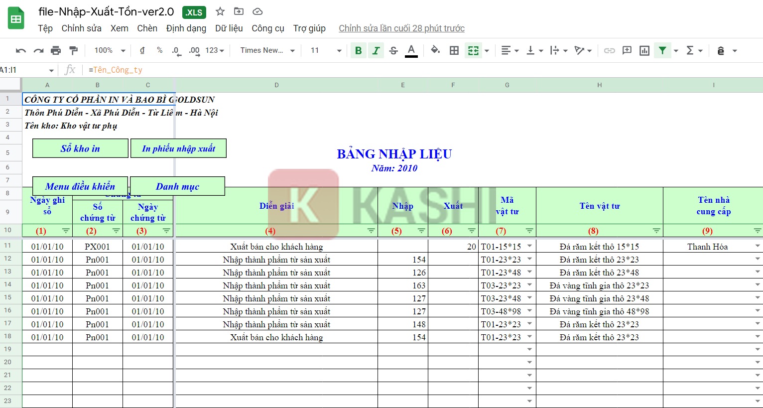 Giao diện file Excel bán lẻ 2