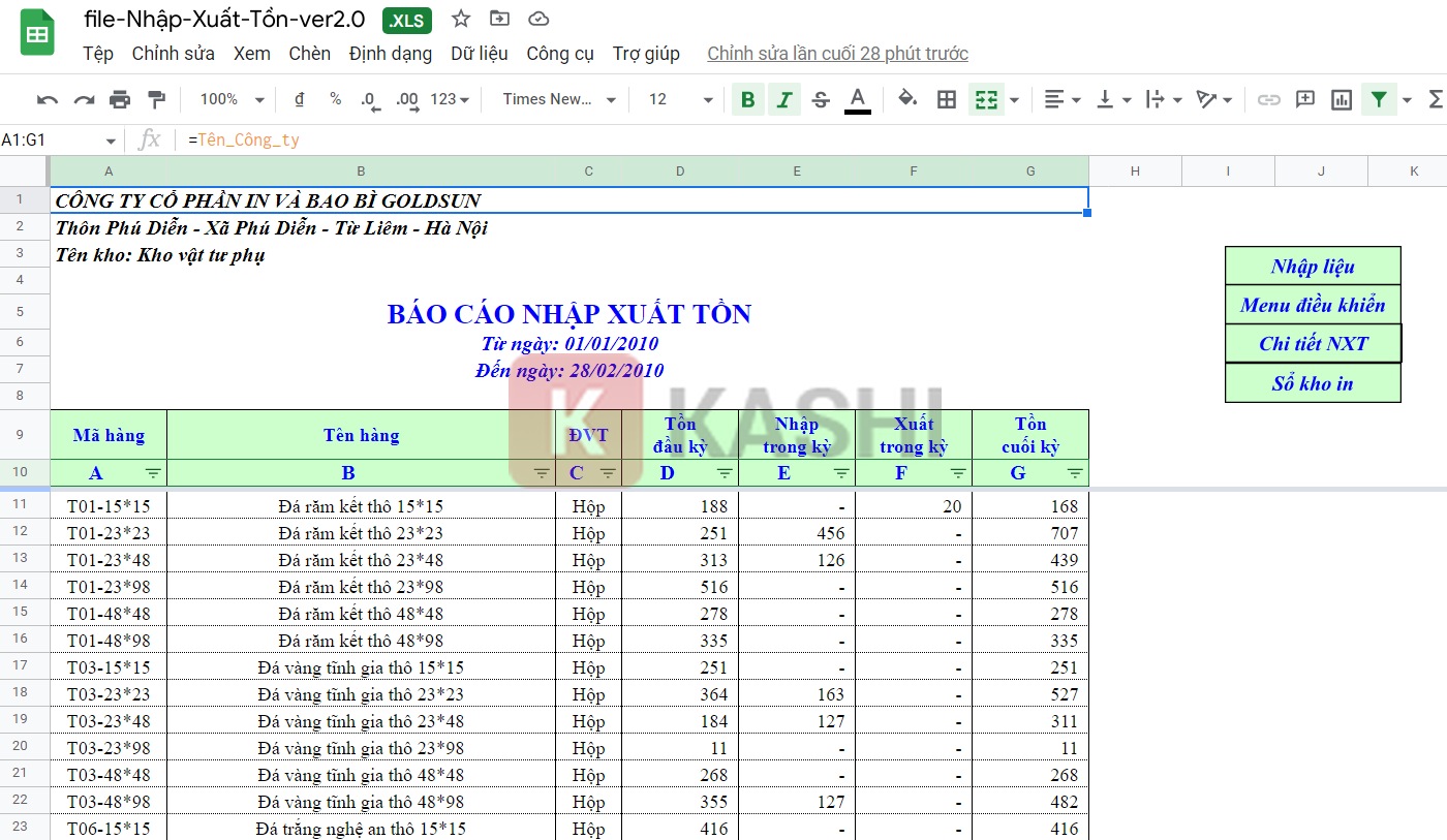 Giao diện file Excel bán lẻ 1