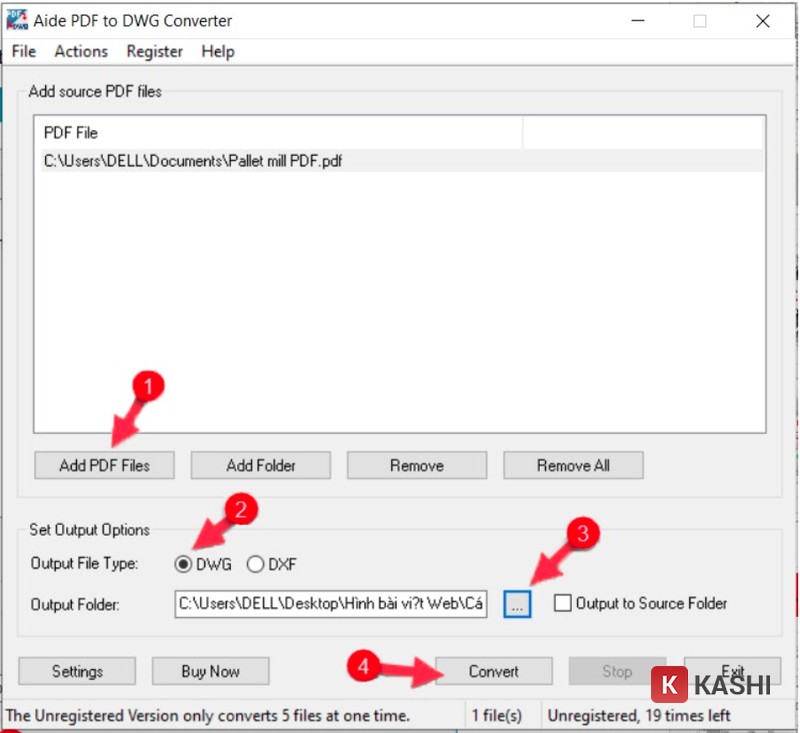 Cài đặt chuyển đổi trong Aide PDF to DWG Converter