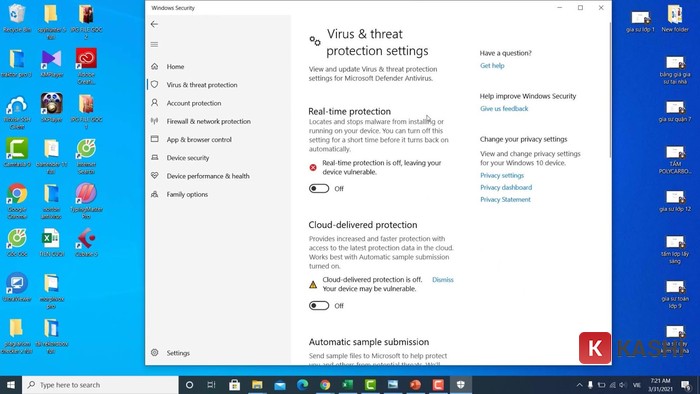 Tắt Real-time protection trong Windows Security.