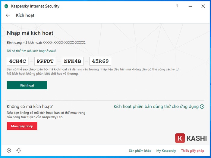 Kích hoạt phần mềm bằng KEY Kaspersky internet Security