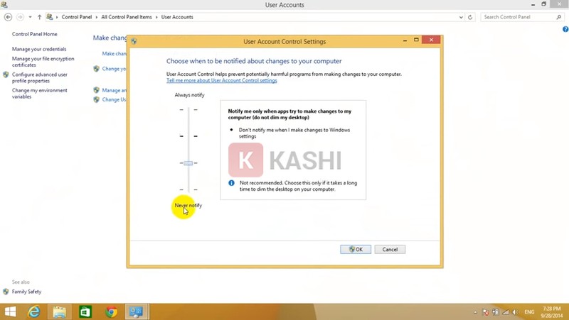 Ở phần "Alway notify", bạn kéo cần mức xuống dưới cùng