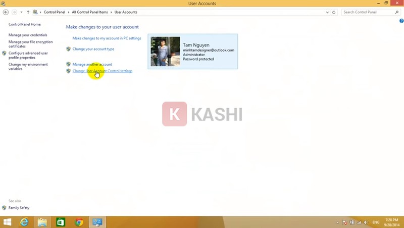 click vào "Change User Account Control Settings"