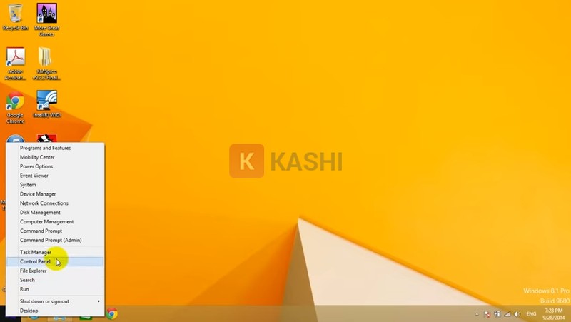 vào biểu tượng cửa sổ Window, chọn "Control Panel"