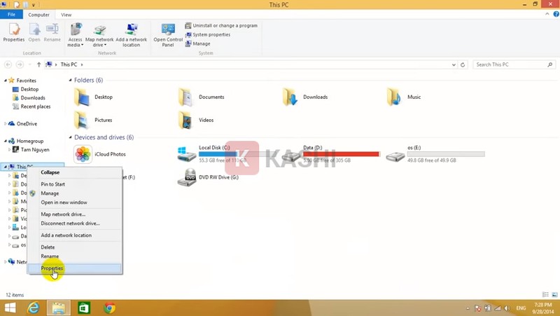 nhấn chuột trái vào "This computer" và chọn "Properties"