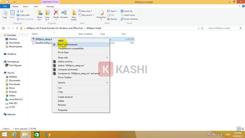 Chạy file "KM Spico_setup.exe" lệnh "Run as administrator"