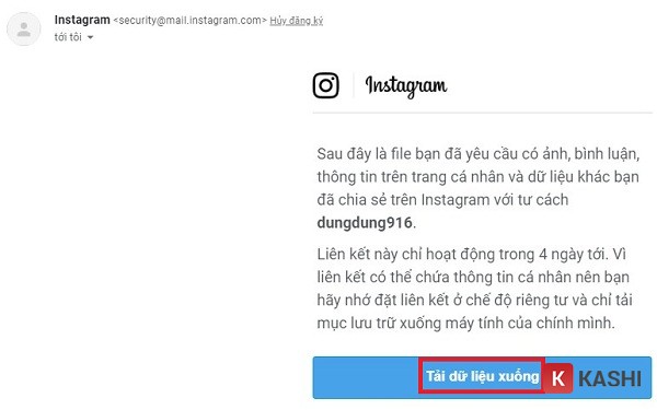 Nhấn “tải dữ liệu xuống” trong phần email.