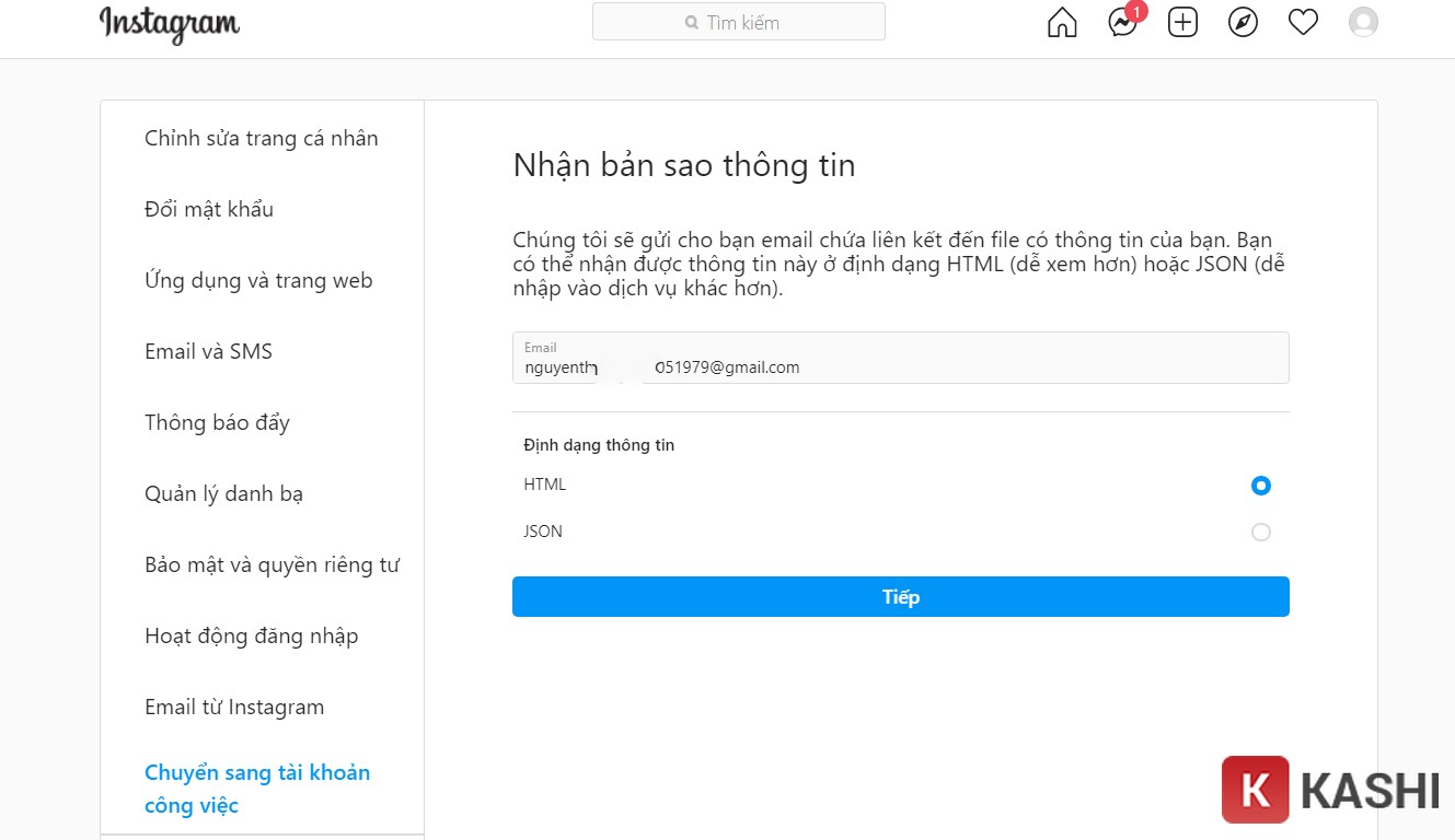 Chọn JSON và nhấn “Tiếp”.