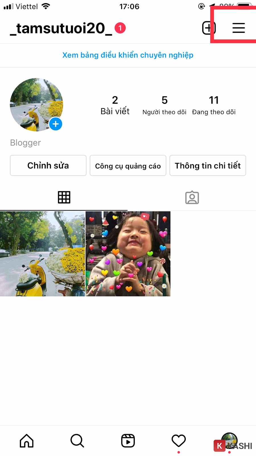 Chọn biểu tượng ba gạch ngang