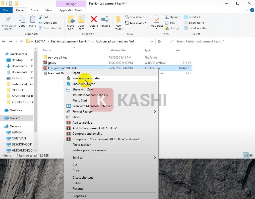 Chạy file "Key garment 2017 full" với quyền admin