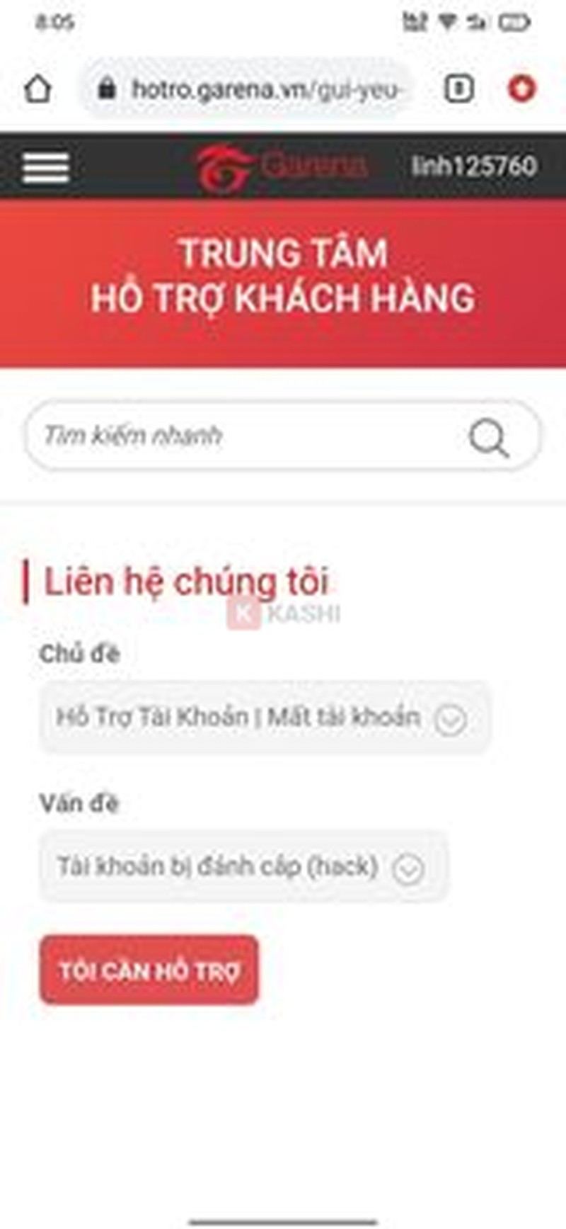 nhấn vào ô "Tôi cần hỗ trợ"
