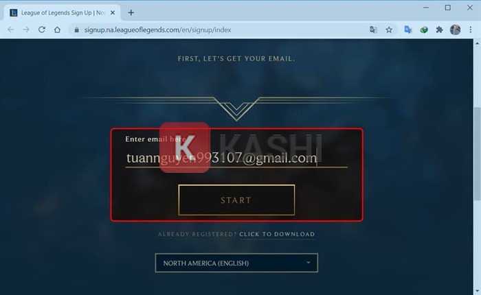 Nhập email và nhấn Start
