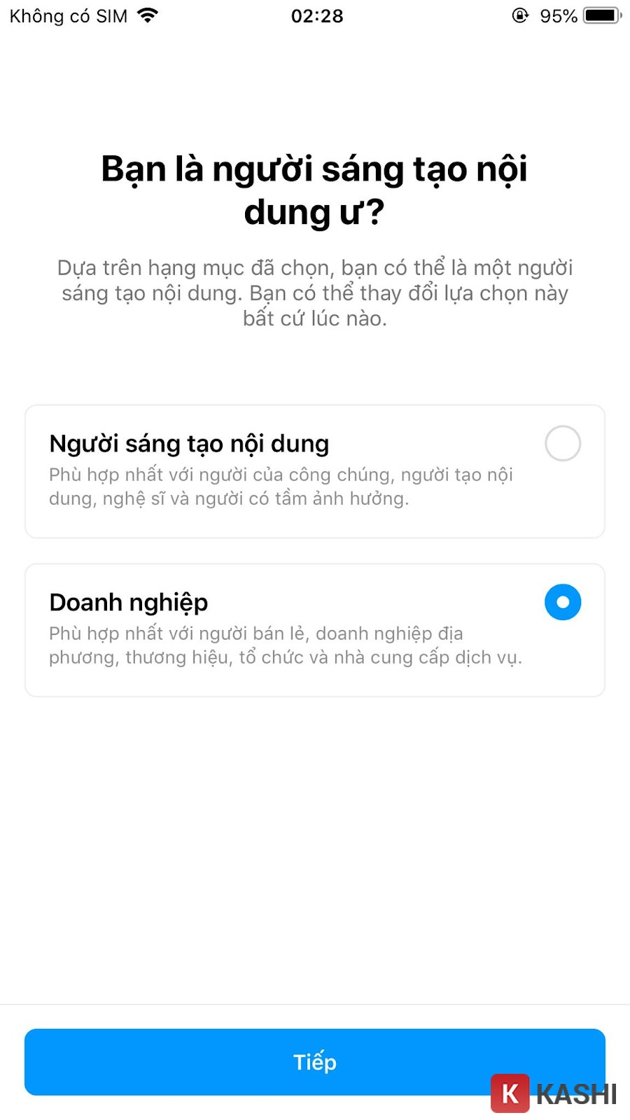 alt text: Chọn loại tài khoản doanh nghiệp trên Instagram