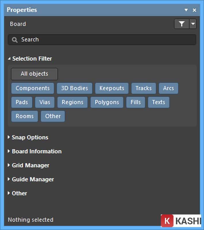 Bộ lọc lựa chọn trình soạn thảo Sơ đồ và PCB, có sẵn trong bảng Thuộc tính 
