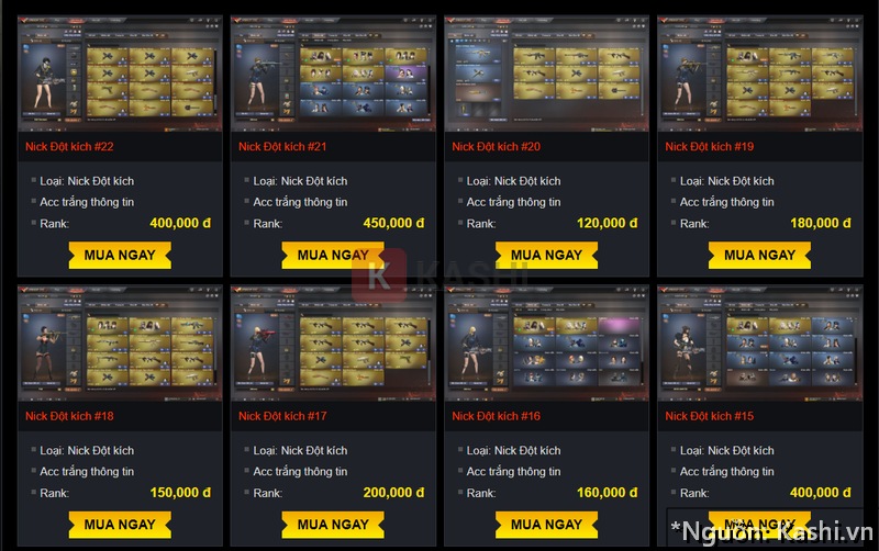 Bảng giá tại các shop acc cf