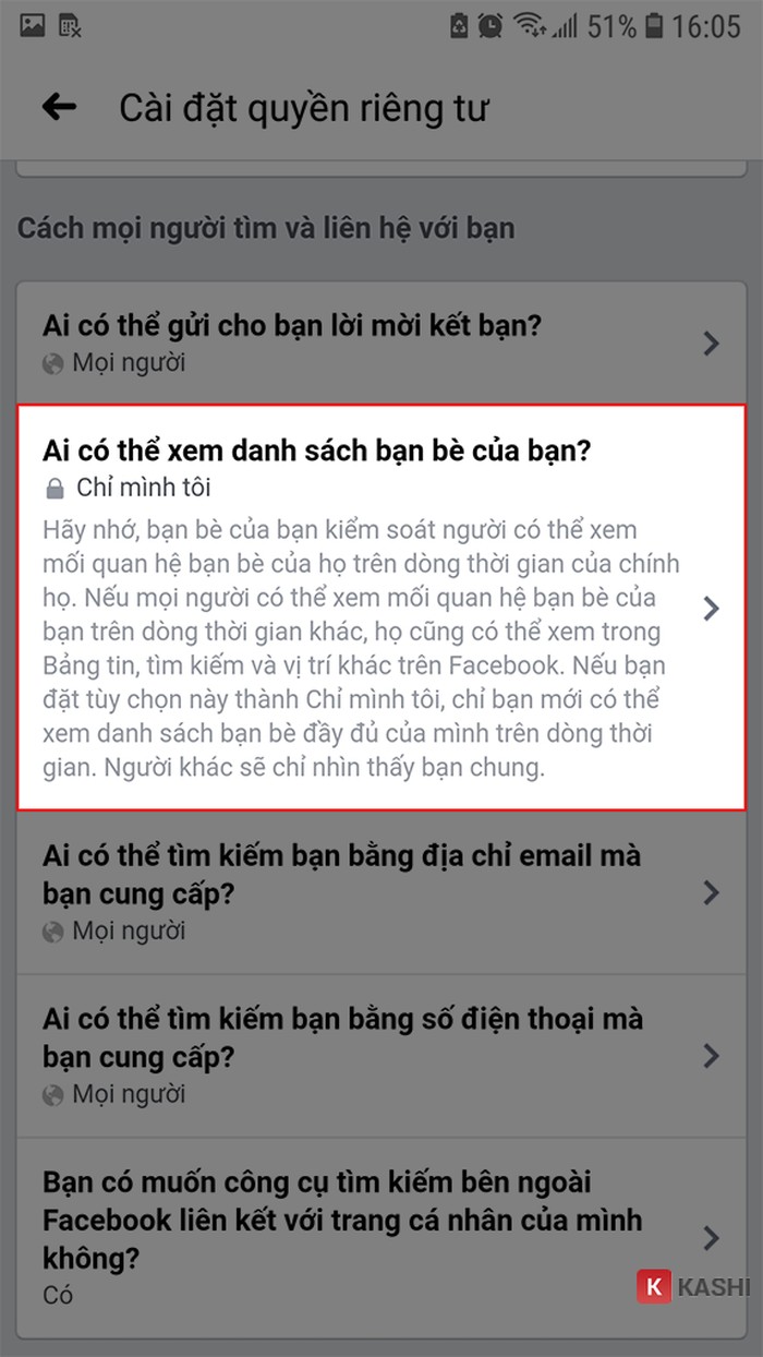 Tìm cài đặt danh sách bạn bè