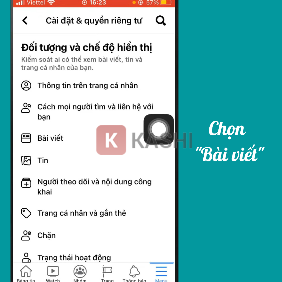 Kéo xuống phần Đối tượng và chế độ hiển thị chọn "Bài viết"