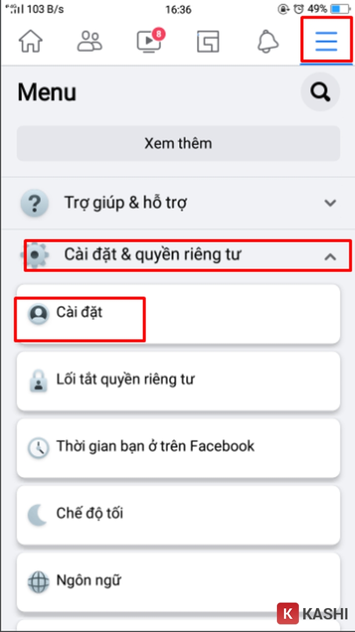 Hướng dẫn vào cài đặt và quyền riêng tư trên Facebook Android