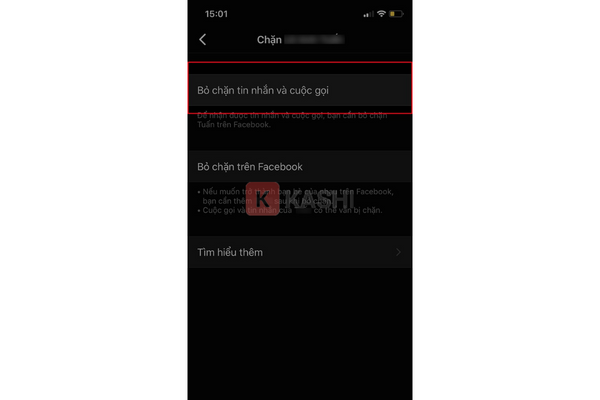 Chọn tài khoản mà bạn muốn bỏ chặn -> Nhấn chọn "Bỏ chặn tin nhắn và cuộc gọi"