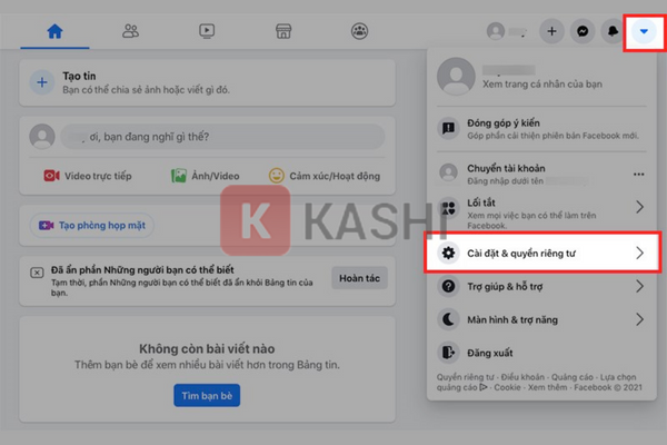 Mở Facebook trên máy tính của bạn -> Nhấn chọn "Biểu tượng tam giác" -> Chọn "Cài đặt & Quyền riêng tư"