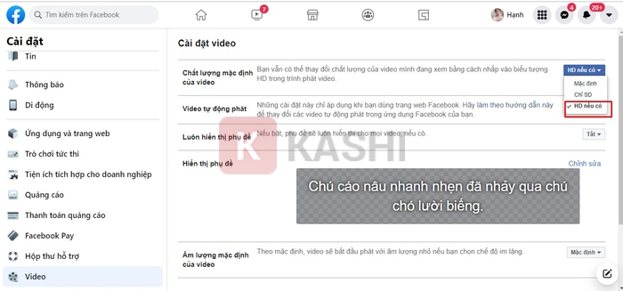 Nhấn vào Mặc định >> Chọn HD nếu có