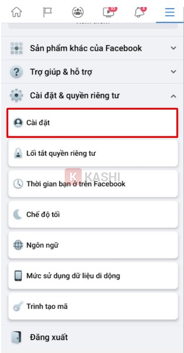 Click => "Cài đặt"