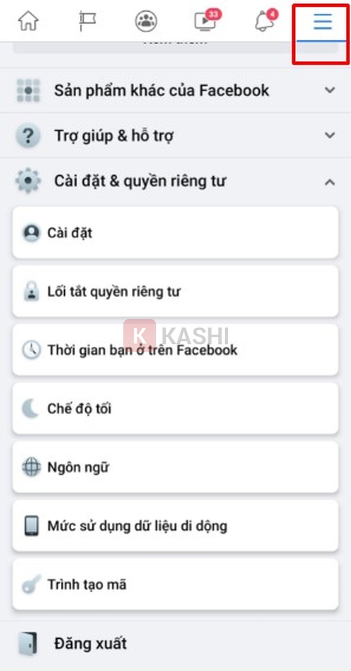 Chọn dấu 3 gạch phím bên phải màn hình