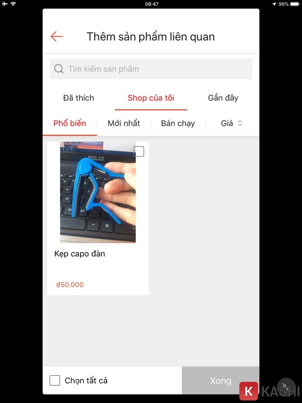 Chọn sản phẩm để bán trong livestream