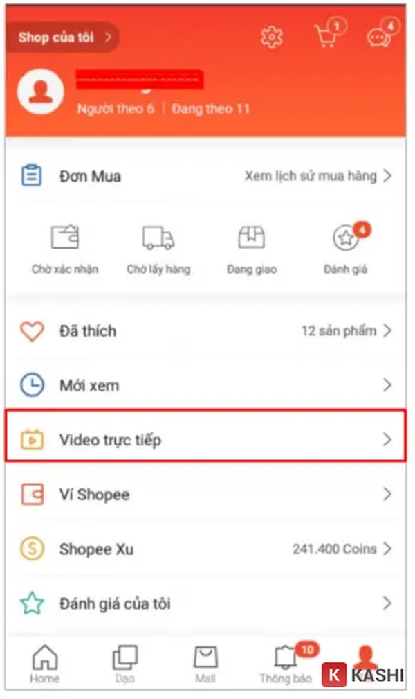 Chọn vào mục Tôi => Video trực tiếp/Shopee Live.