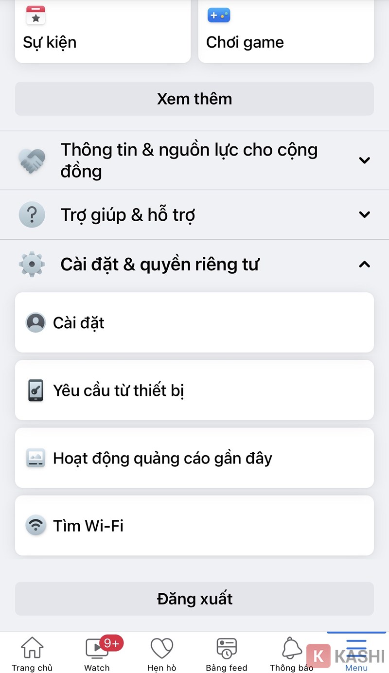 Mở menu cài đặt trên Facebook di động