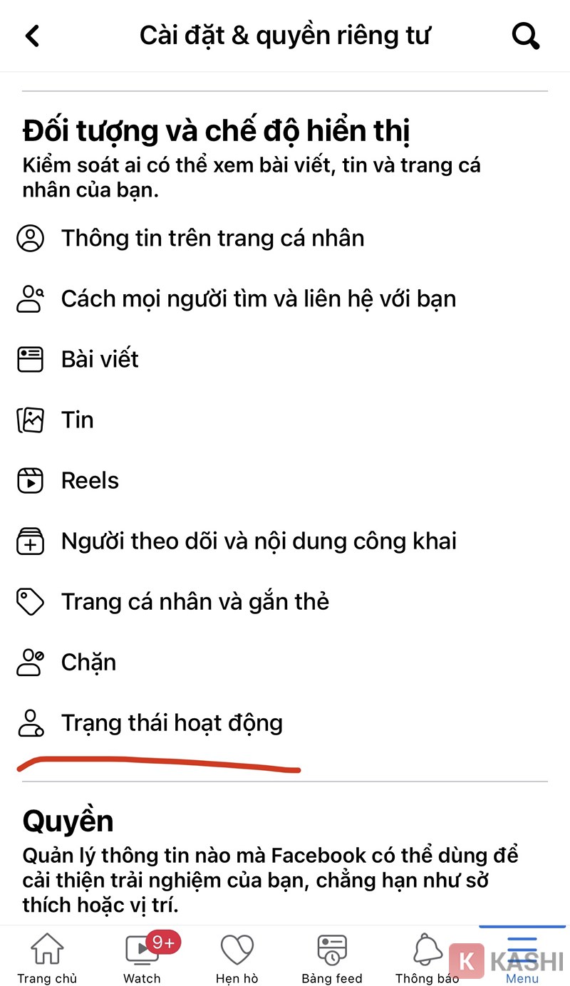 Truy cập cài đặt trạng thái hoạt động