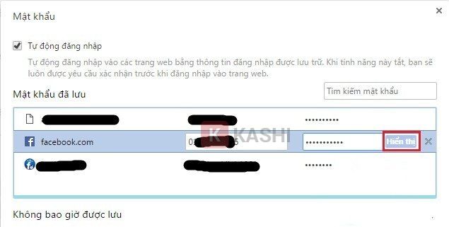 Hiển thị mật khẩu Facebook