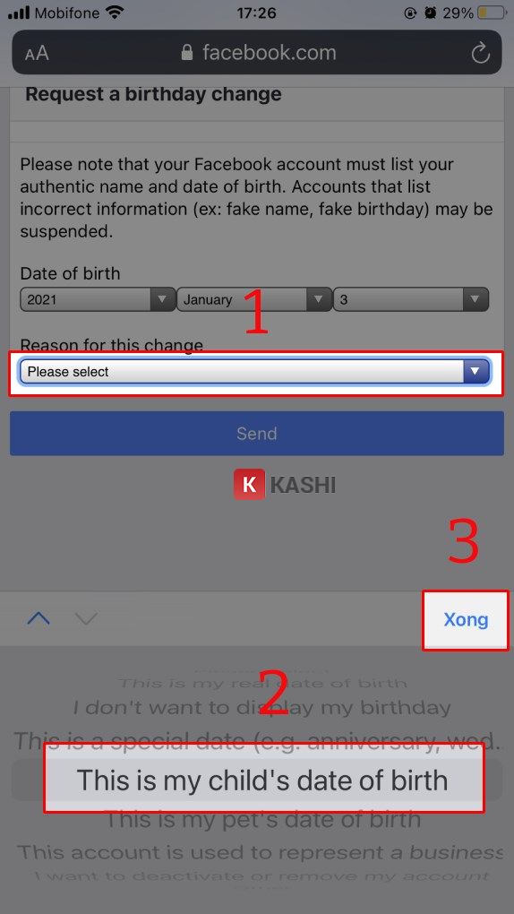 Chọn lý do thay đổi ngày sinh