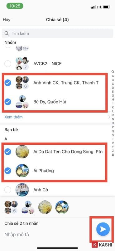Chọn đối tượng nhận tin và gửi