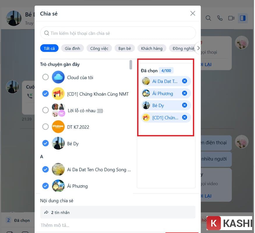 Chọn đối tượng và share