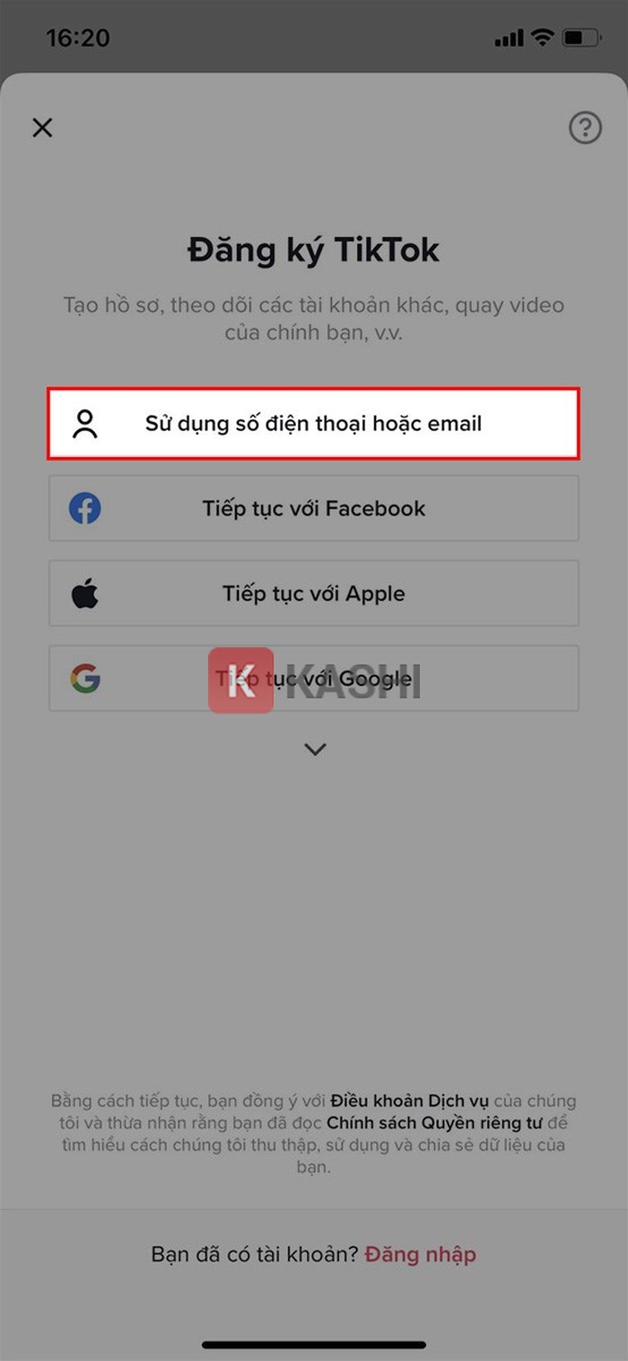 Sử dụng số điện thoại hoặc email TikTok